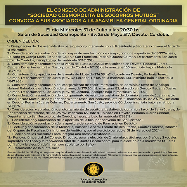 SOCIEDAD COSMOPOLITA CONVOCA A SU ASAMBLEA ANUAL